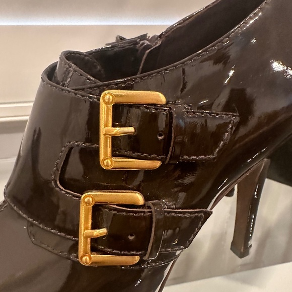 BCBG MAX AZRIA Peep Toe Heels Bootie in Deep Mahogany with Gold Buckle Detail - Picture 5 of 5